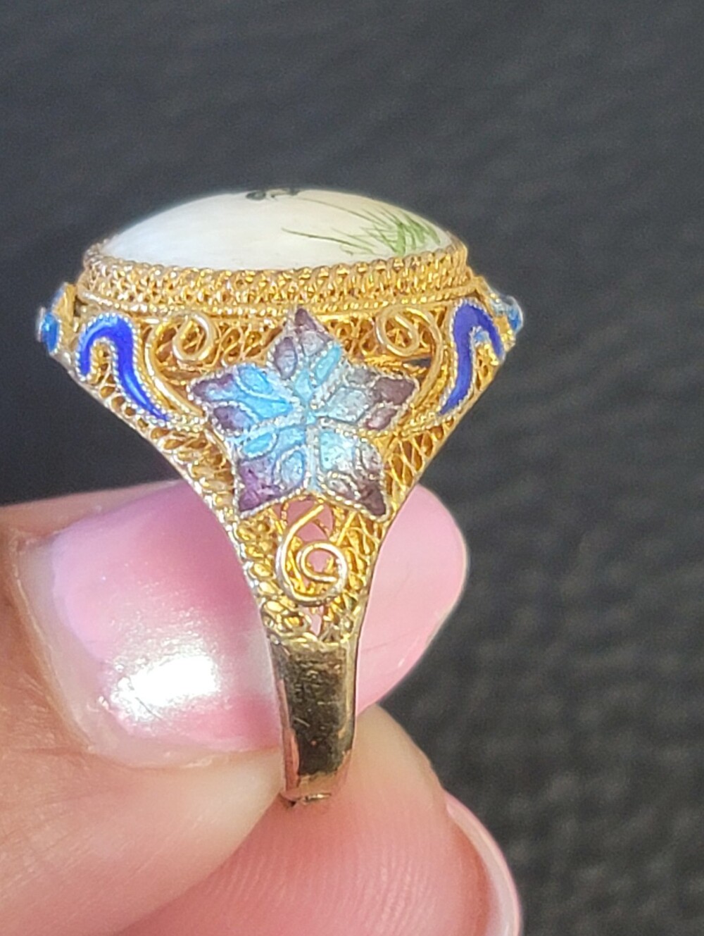 RARE Antique Ring, Hand-Painted Bird Porcelain Cameo, Gold Vermail Over Silver - Picture 7 of 11